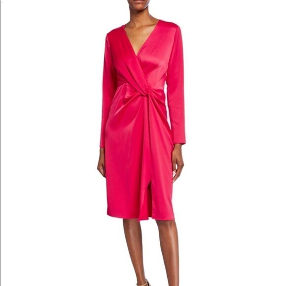 Jay Godfrey Pink Satin Long Sleeve Knot Front Woman's Knee Length Designer Dress - Picture 1 of 7